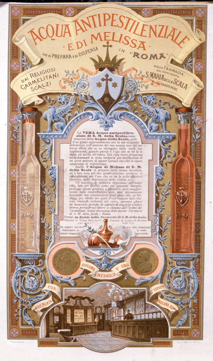 Reklama voňavé vody: voda proti meduňkovému moru. chromolitografie z roku 1895 od Unknown artist