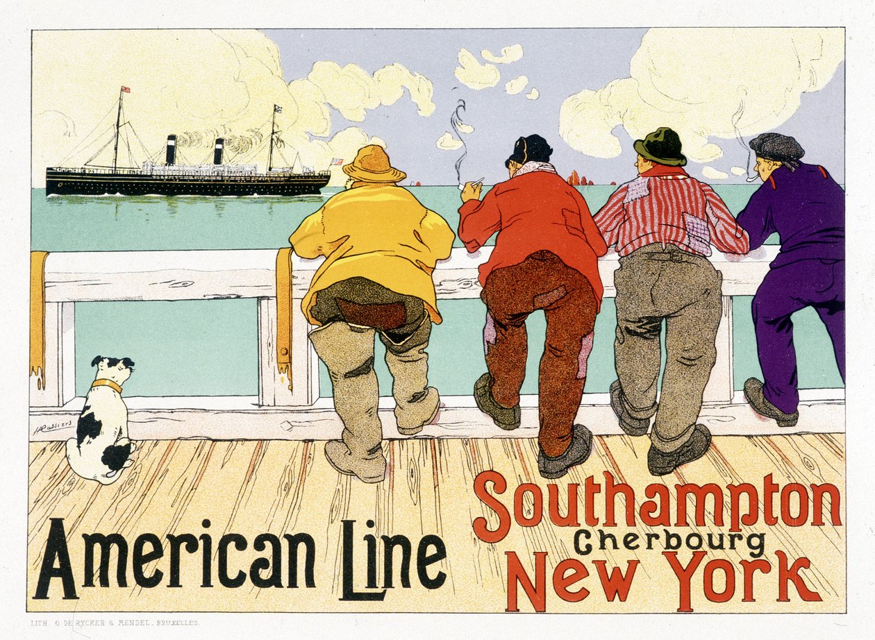 Reklamní plakát pro americkou linku „Southampton, Cherbourg, New York“ v „Pictorial Placard“ v Bruselu od Unknown artist