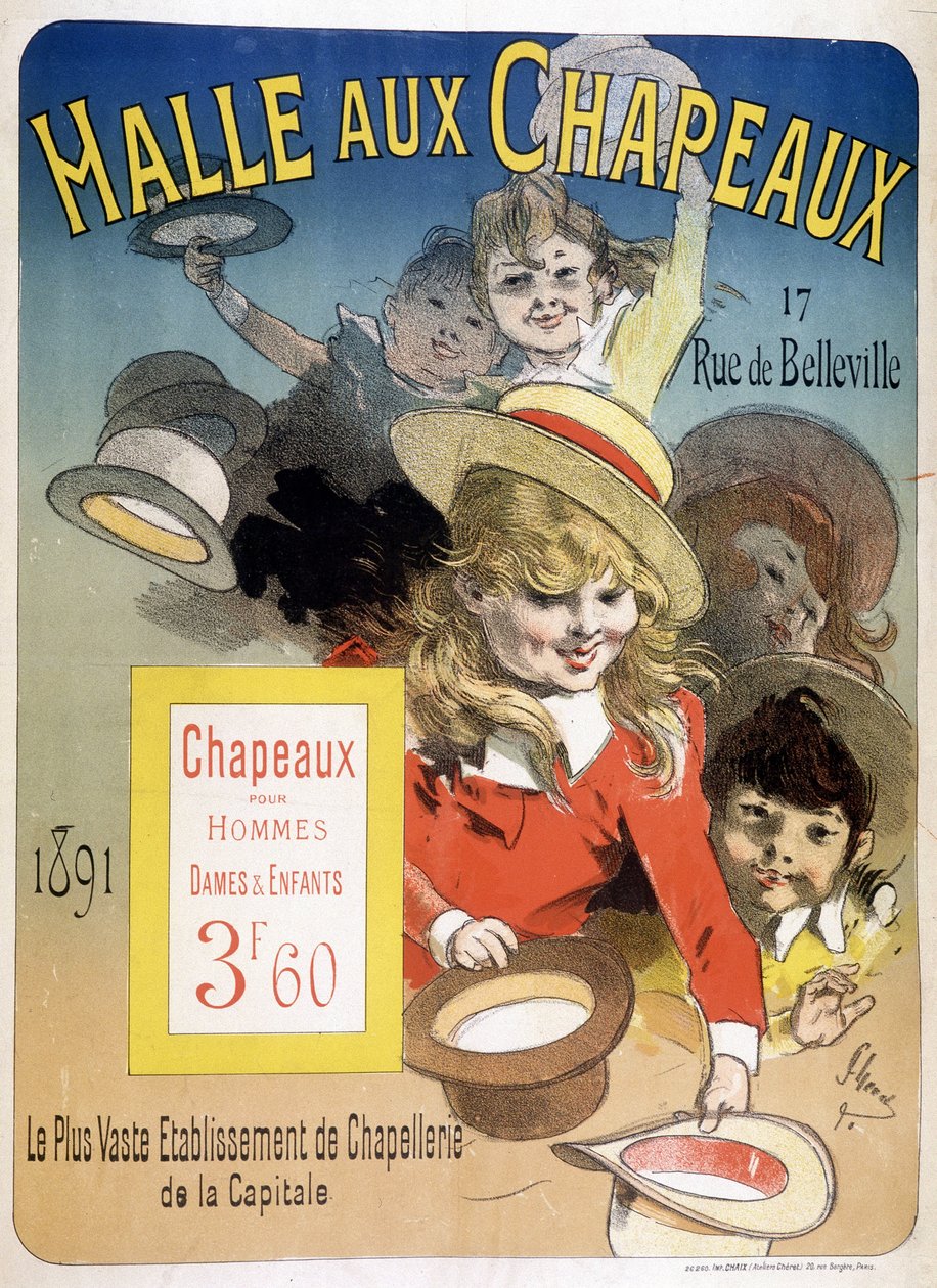 Reklamní plakát na „Halle aux hats“, rue de Belleville v Paříži od Unknown artist