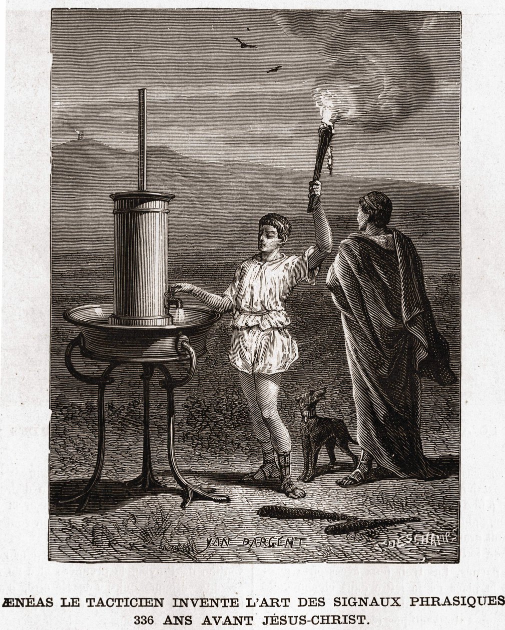 Taktik Aenéas vynalezl umění frázových signálů, 366 př. Kr. Rytina 19. století, sbírka bianchetti od Unknown artist