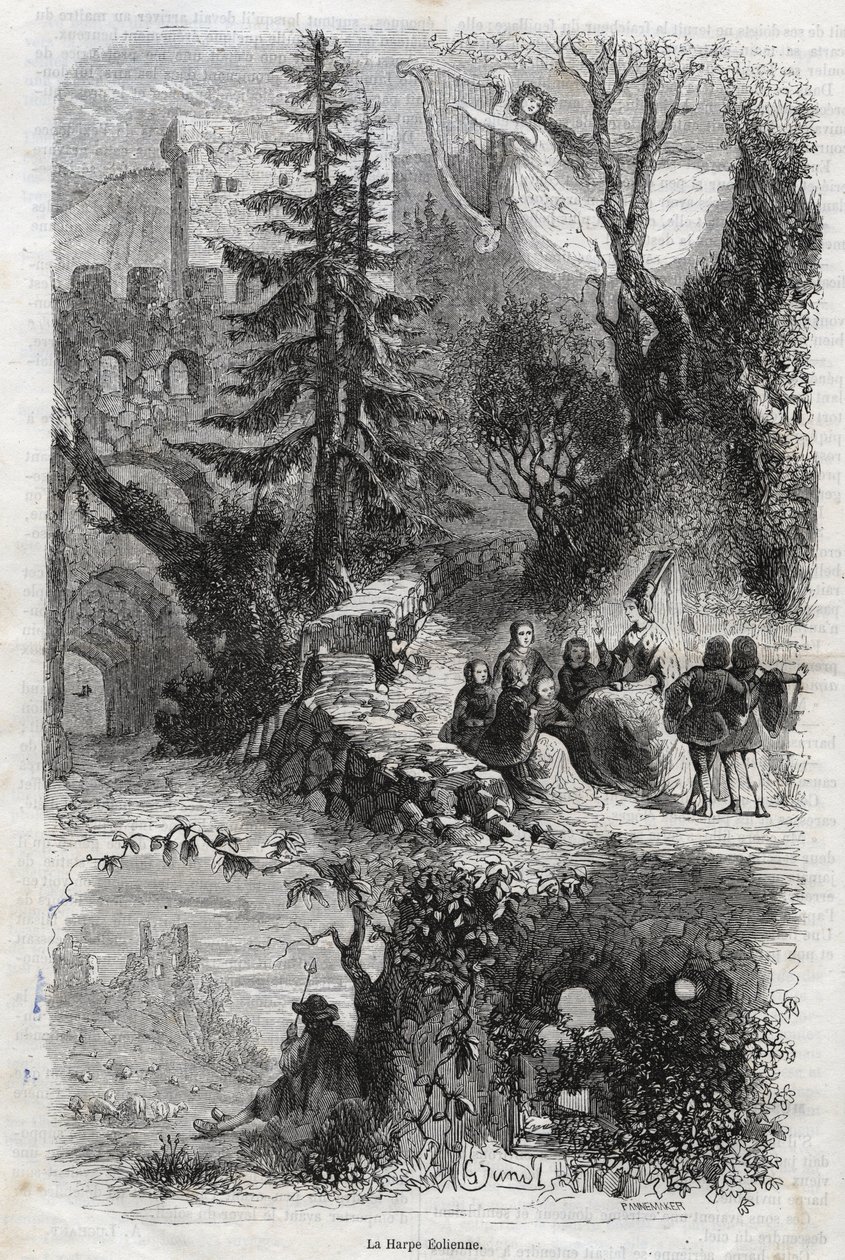 Liparská harfa - dechová harfa - Arpa eolia - Dechová harfa - hudební nástroj hraný větrem - rytina z roku 1860 od Unknown artist