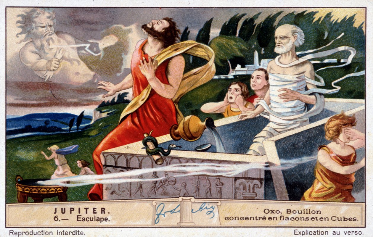 Aesculapus umírá, sestřelen Jupiterem, za vzkříšení mrtvých - Oxo chromolitografie, produkoval Liebig od Unknown artist