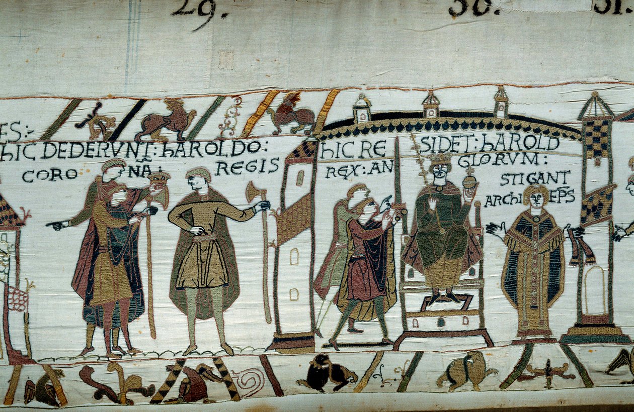 Po smrti Edwarda Vyznavače byl Harold v roce 1066 korunním králem pod jménem Harold II. Detail tapisérie z Bayeux nebo výšivky královny Mathildy od Unknown artist