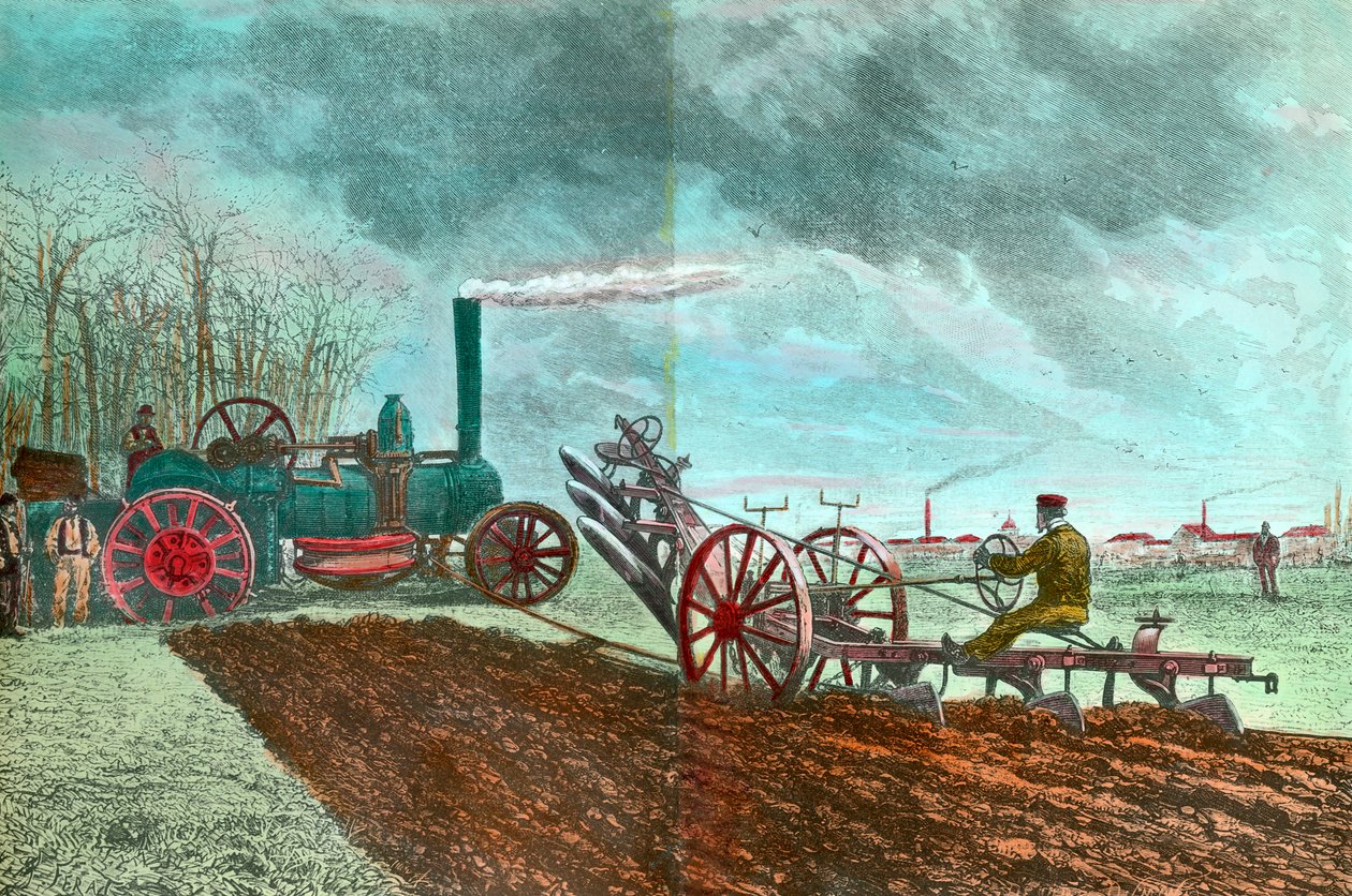 Zemědělská práce a pokrok: parní orba. Rytina z 19. století Soukromá sbírka od Unknown artist