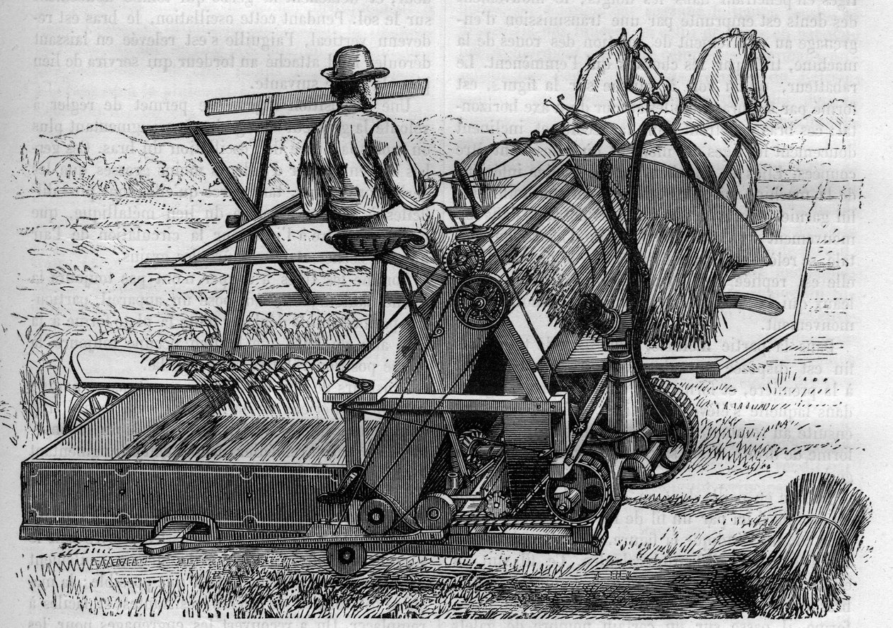 Zemědělství a zemědělské stroje: nový kombajn tažený koňmi, který automaticky svazuje snopy bles na polích. Gravírování do ""La Nature"" od Unknown artist