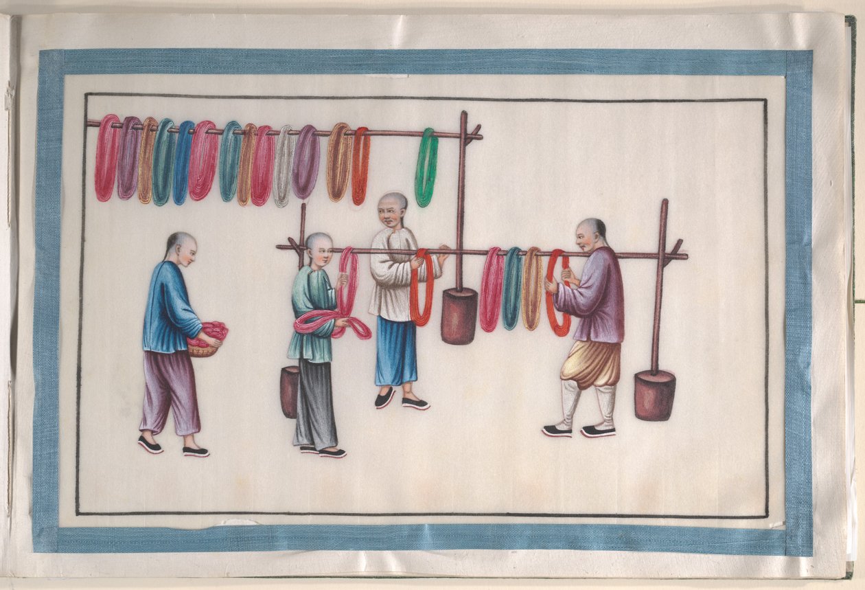 Album obsahující dvanáct obrazů lidí vyrábějících hedvábí od Unknown Artist