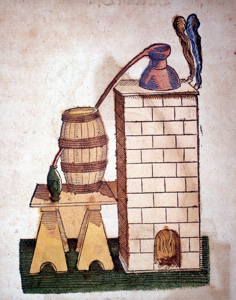 Alchymie: přístroj na destilaci. Rytina z knihy Pietra Andrea Mattioliho (Matthiole) (1500-1577). Frankfurt od Unknown artist