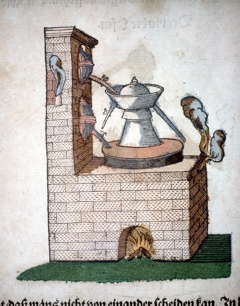 Alchymie: přístroj na destilaci, převzato z knihy Pietra Andrea Mattioliho (Matthiole) (1500-1577). Frankfurt od Unknown artist
