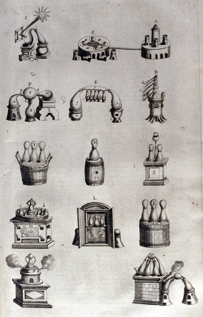 Alchymie: deska představující různé modely destilačních přístrojů a destilačních přístrojů. Athanase Kircher (nebo Athanasius Kircheri 1602-1680), německý jezuita. rytina ze 17. století. od Unknown artist