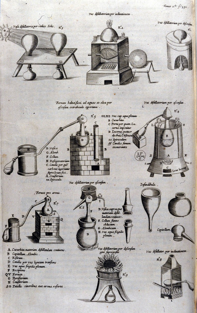 Alchymie: deska představující různé modely destilačních přístrojů a destilačních přístrojů. Athanase Kircher (nebo Athanasius Kircheri 1602-1680), německý jezuita. rytina ze 17. století. od Unknown artist