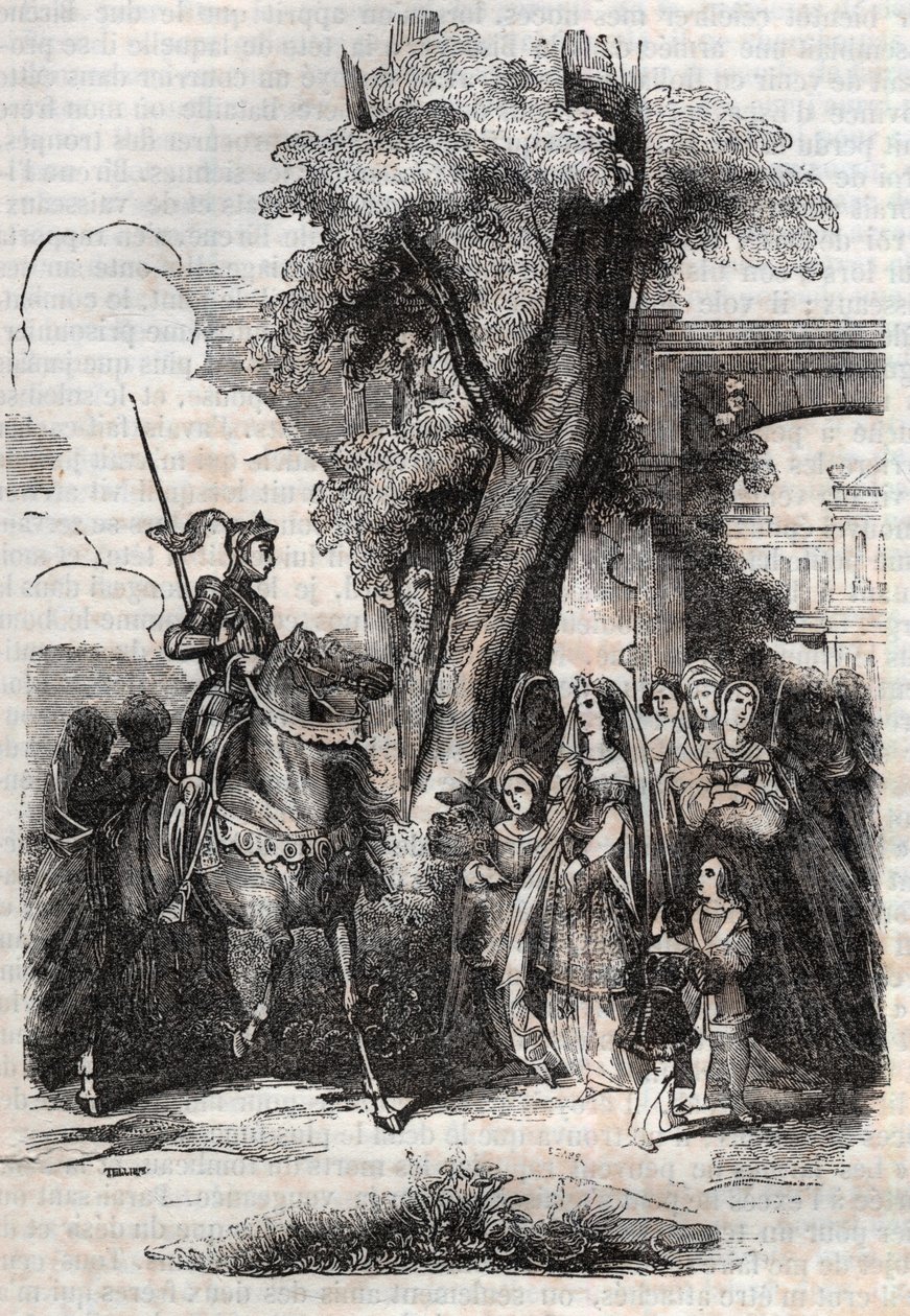 Alcina a její dvůr přicházejí pozdravit Ruggiera - rytina z roku 1851 z básně Orlando furioso (1516) od Ludovica Ariosta, - vydání přeložené z italštiny hrabětem z Tressanu a vydané Gustavem Harvardem 1851 od Unknown artist