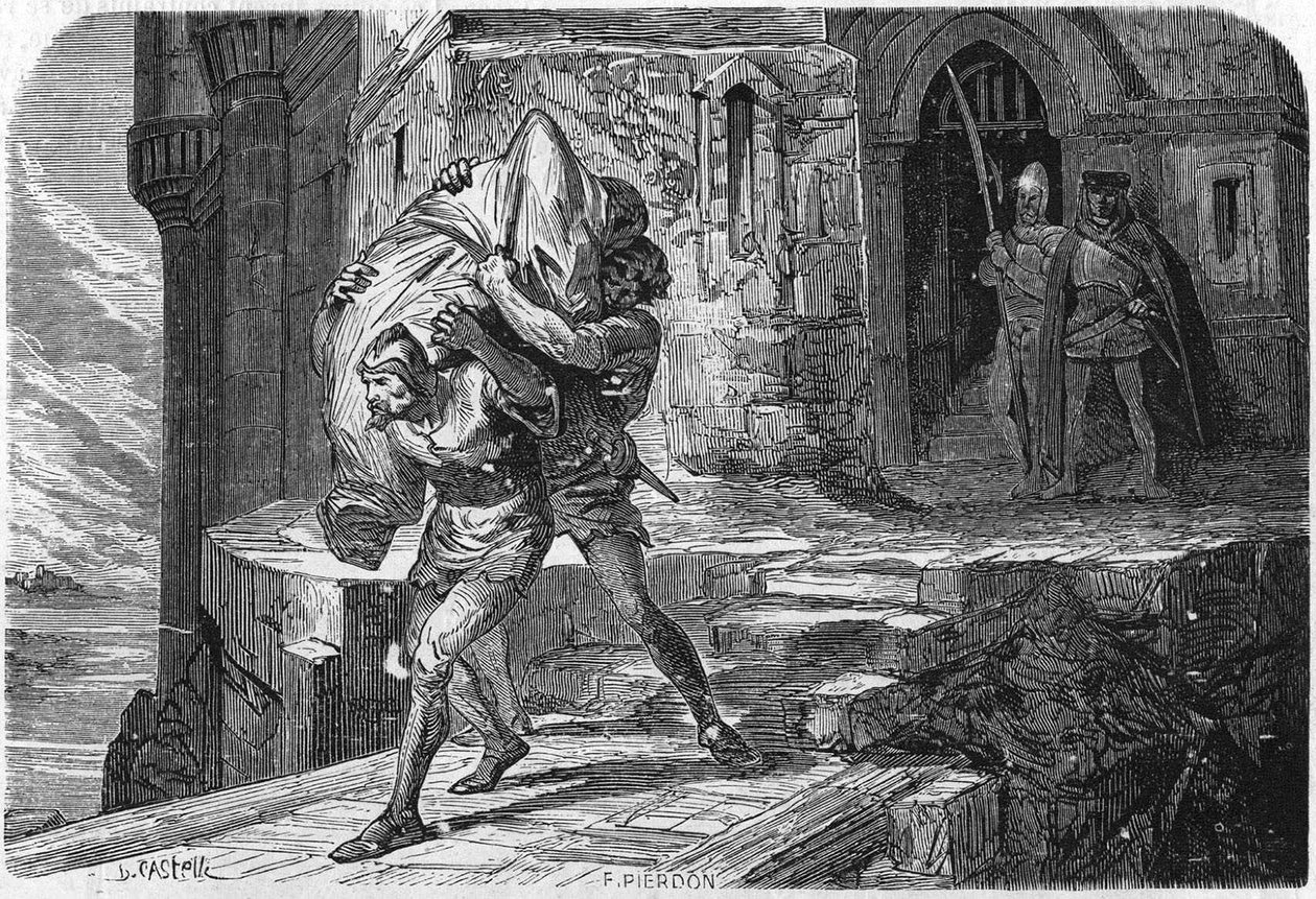 Alexandr, král a basard z Bourbonu, byl zašit do vaku a vhozen do Úsvitu, aby jej nahradil delfínem, budoucím Ludvíkem XI. Rytina 19. století. od Unknown artist