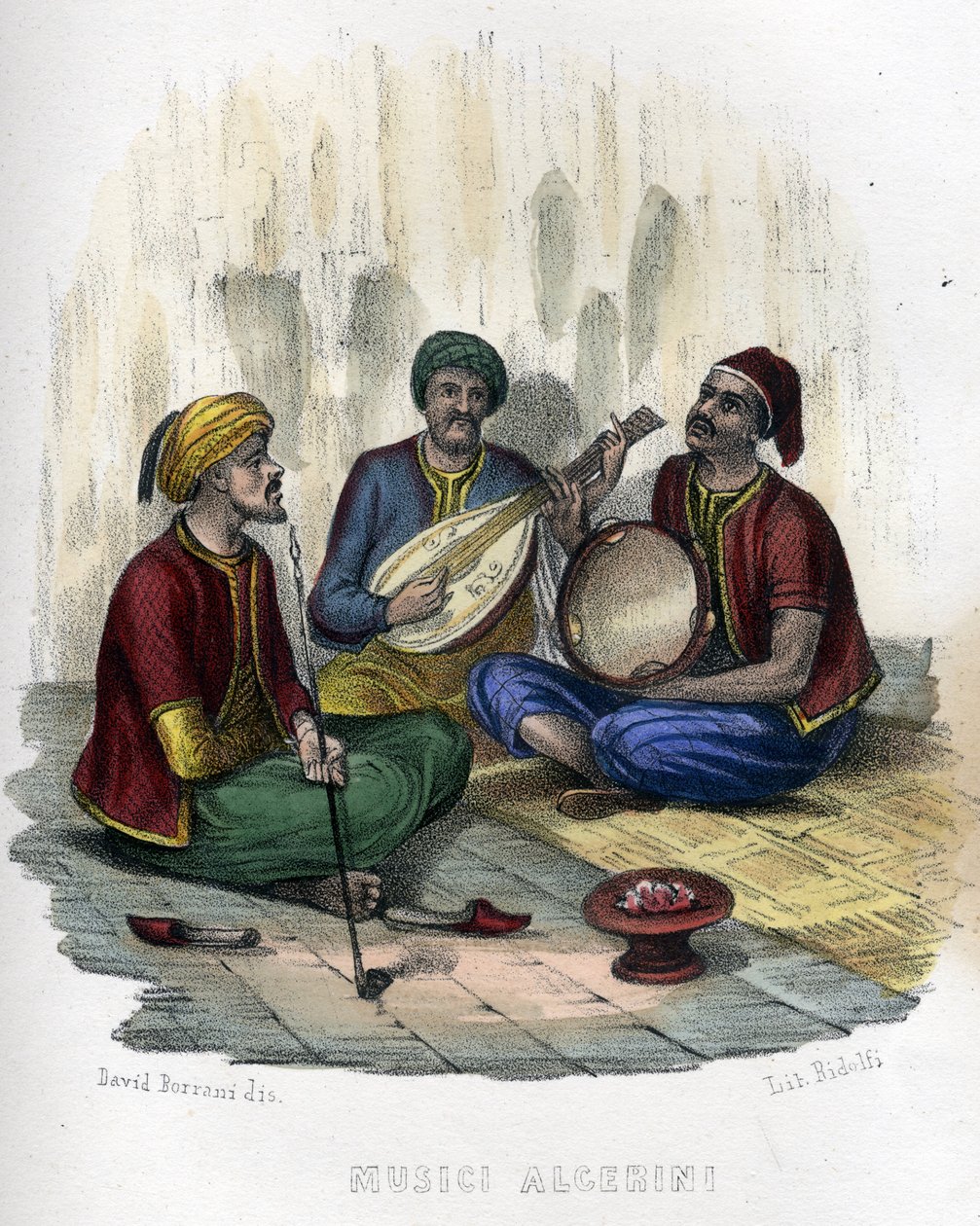 alžírští hudebníci. ve „Starověkém a moderním Alžírsku““ od Léona Galiberta. Italské vydání v barvě 1846. od Unknown artist