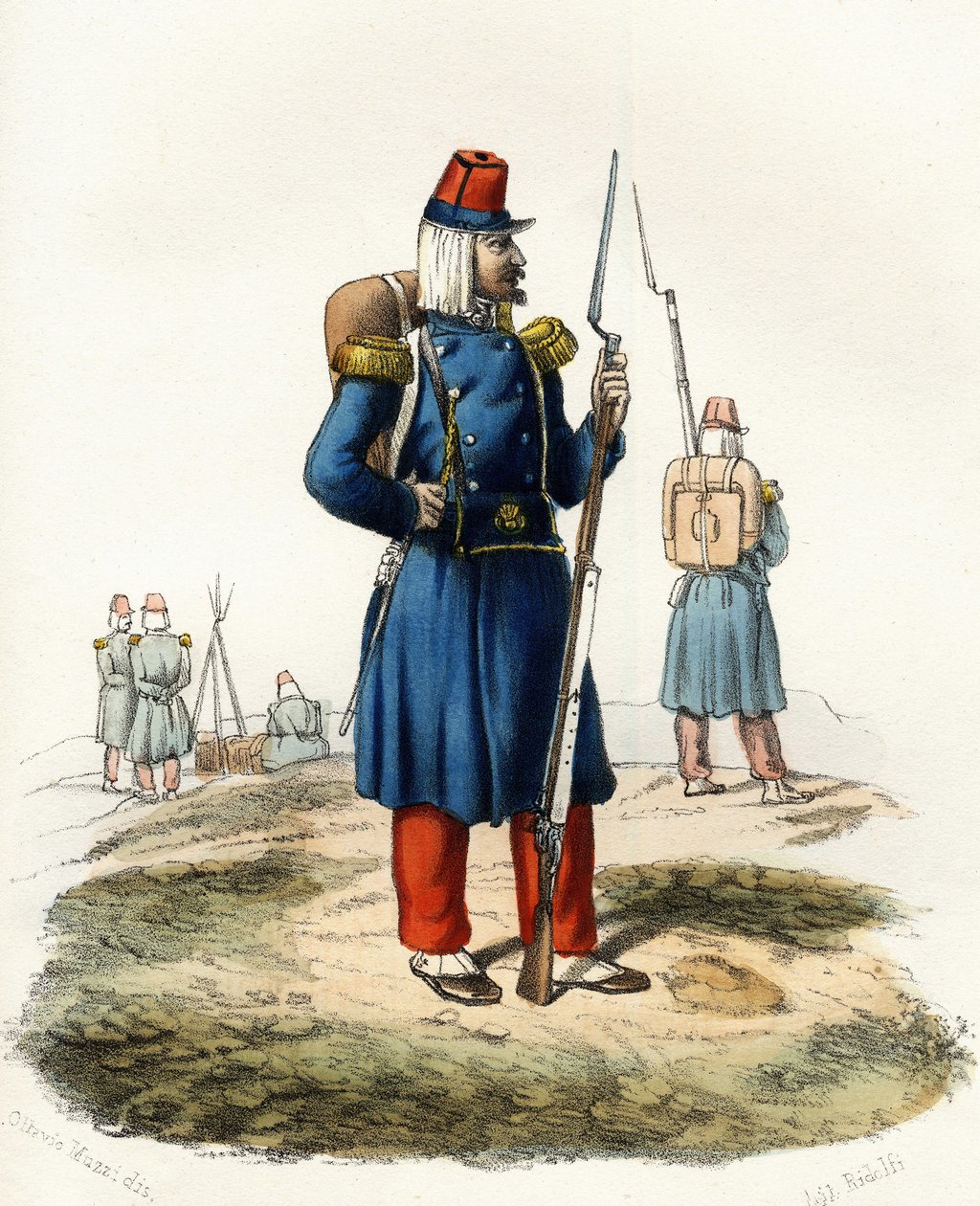 Alžírsko, lehká pěchota francouzské armády Afriky během expedice v roce 1830. V “” Storia d
