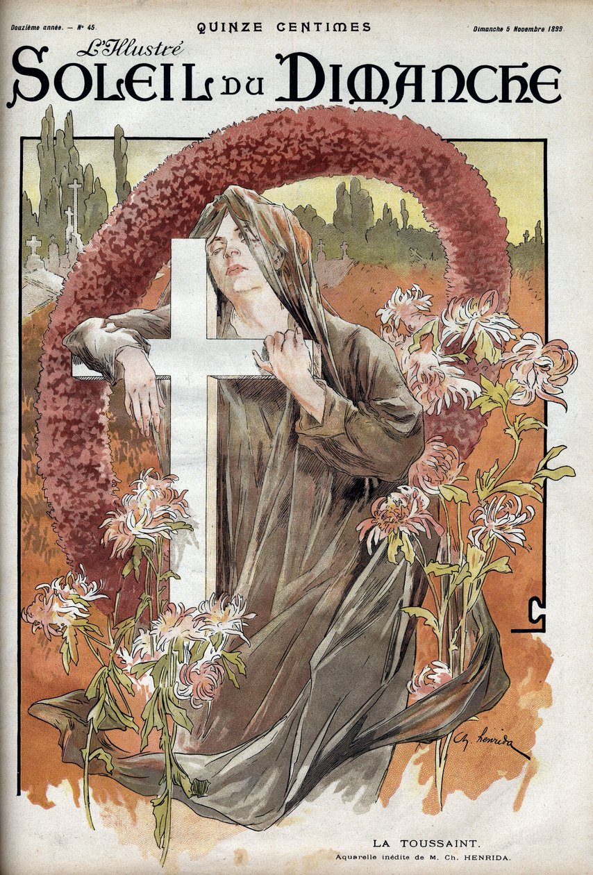 Všichni svatí. Alegorie smrti se ženou ve smutečním obleku na katolickém kříži na hřbitově. Rytina v „“Le sun-du-dimanche“, 5. listopadu od Unknown artist