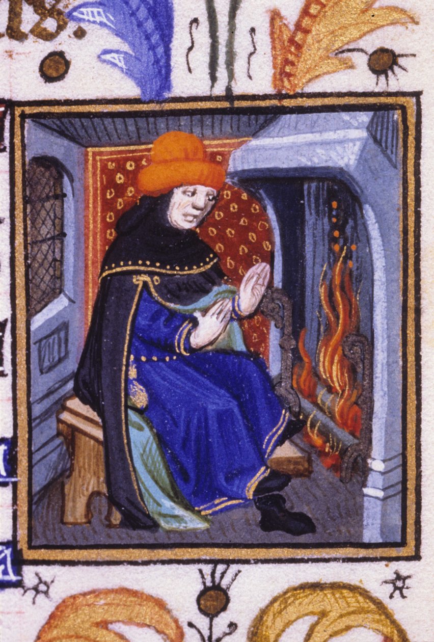 Alegorické znázornění února. Muž se zahřívá před krbem. Miniatura rukopisu ze 14. století. od Unknown artist