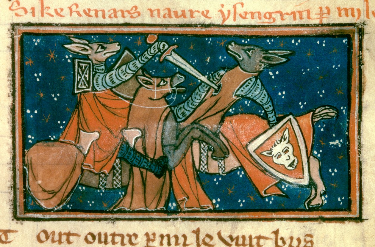 Alegorie o společnosti středověku: „Liška zranila Isengrima v singulárním boji““. Miniatura z rukopisu „The Roman De Renart Le Nouvel“ od Jacquemarse Gieleeho od Unknown artist