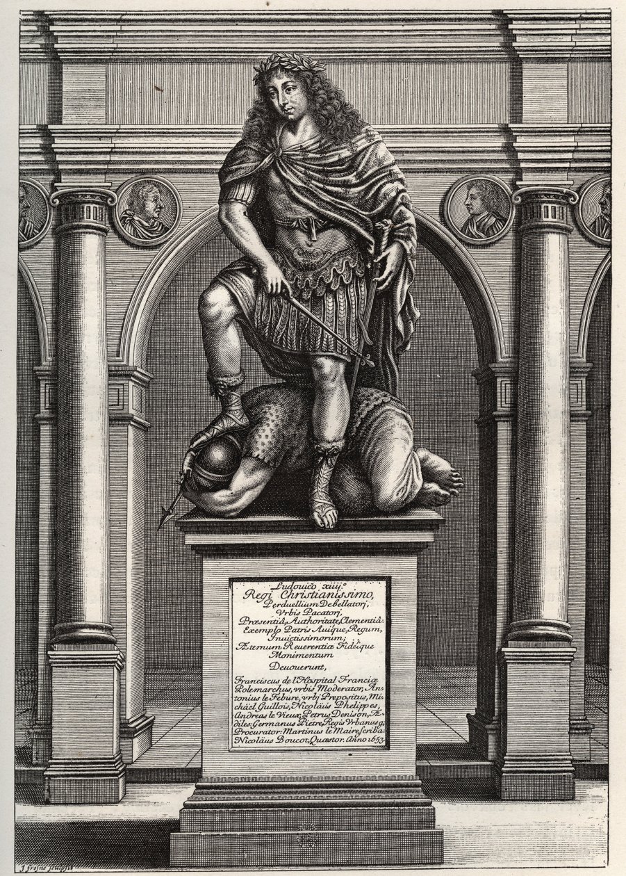 Alegorie představující krále Ludvíka XIV. (1638-1715) drtícího své nepřátele. Rytina J. Frosneho z roku 1653. Soukromá sbírka. od Unknown artist