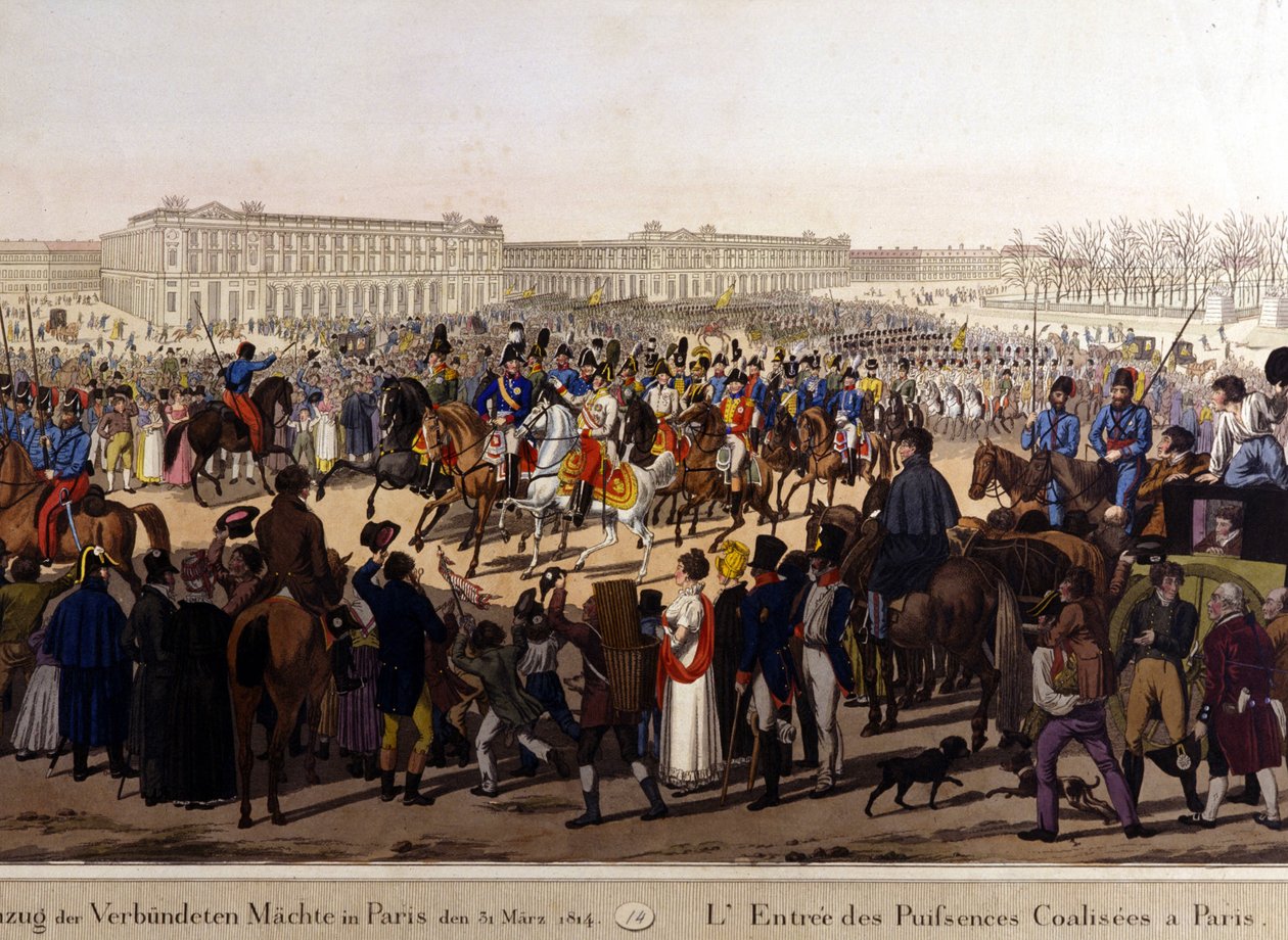 Spojenci vstoupili do Paříže 31. března 1814 (Rusko Alexandr I., rakouský císař František Josef I. a pruský král Fridrich Vilém III.) rytina 19. stol. od Unknown artist