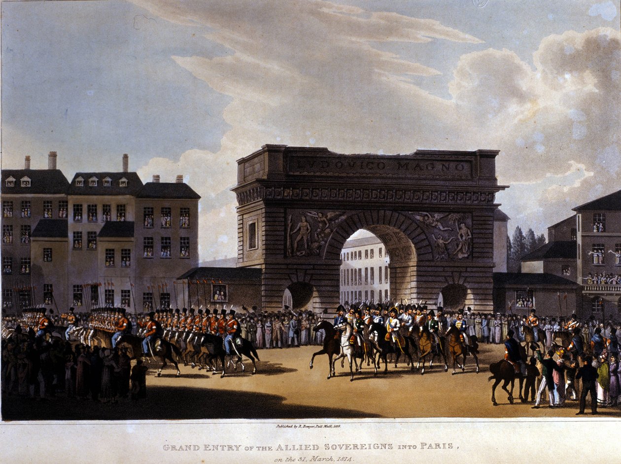 Spojenci vstoupili do Paříže 31. března 1814 (Rusko Alexandr I., rakouský císař František I. a pruský král Fridrich Vilém III.) rytina 1826 od Unknown artist
