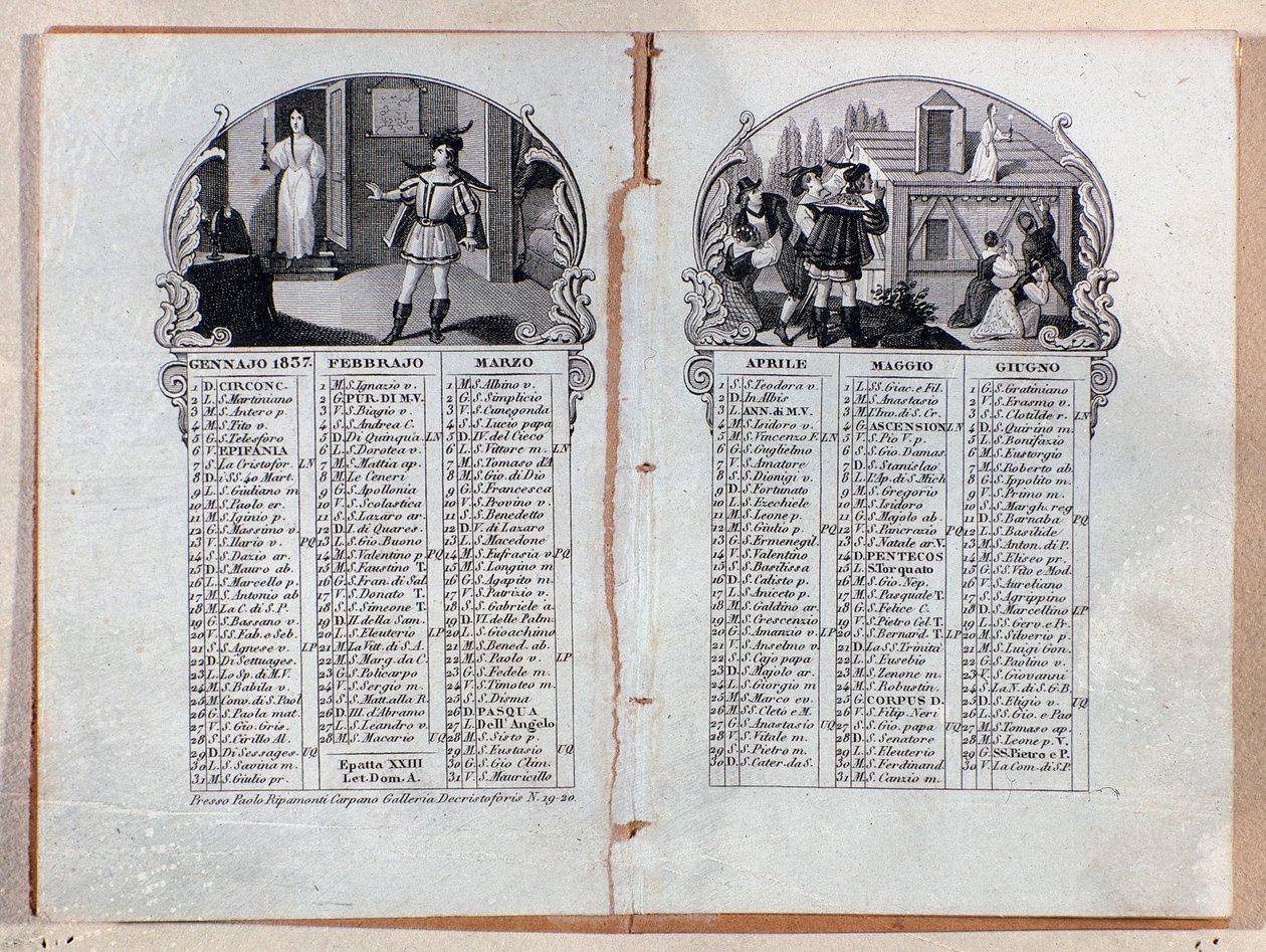Almanachový kalendář roku 1837 zdobené výjevy opery La sonnambula od Vincenza Belliniho od Unknown artist
