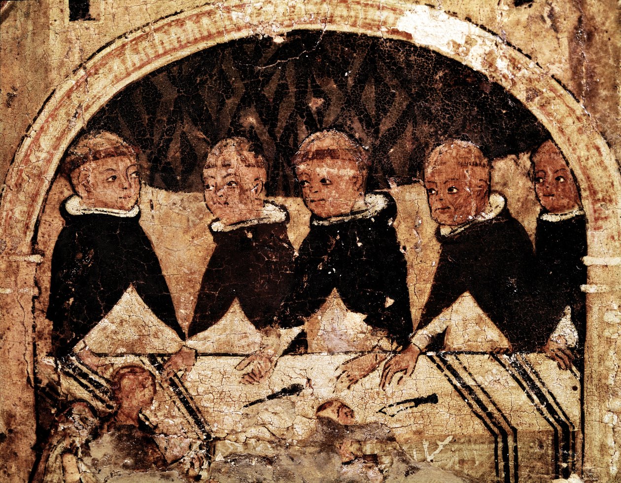 Oltářní obraz ze života svatého Dominika z Guzmanu (1170-1221), zakladatele dominikánského řádu: skupina dominikánských mnichů attable. Malba na dřevě ze 13. století. Neapol, Museo Nazionale di Capodimonte od Unknown artist