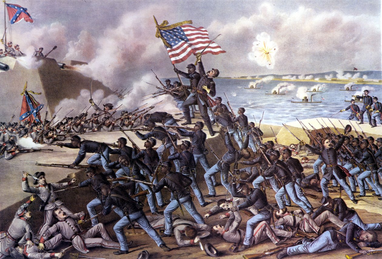 Americká občanská válka (1861 - 1865): útok 2000 černých dobrovolníků na Fort Wagner na ostrově Jekyll u Georgie v červenci 1863. Rytina 19. století. od Unknown artist
