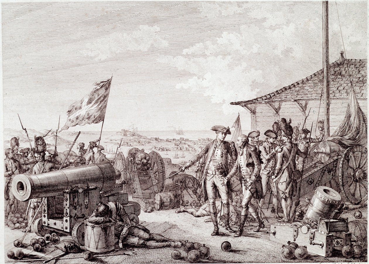 Americká revoluční válka: Bitva o Grenadu dne 6. července 1779 mezi britským královským námořnictvem a francouzským námořnictvem (rytina od Unknown artist