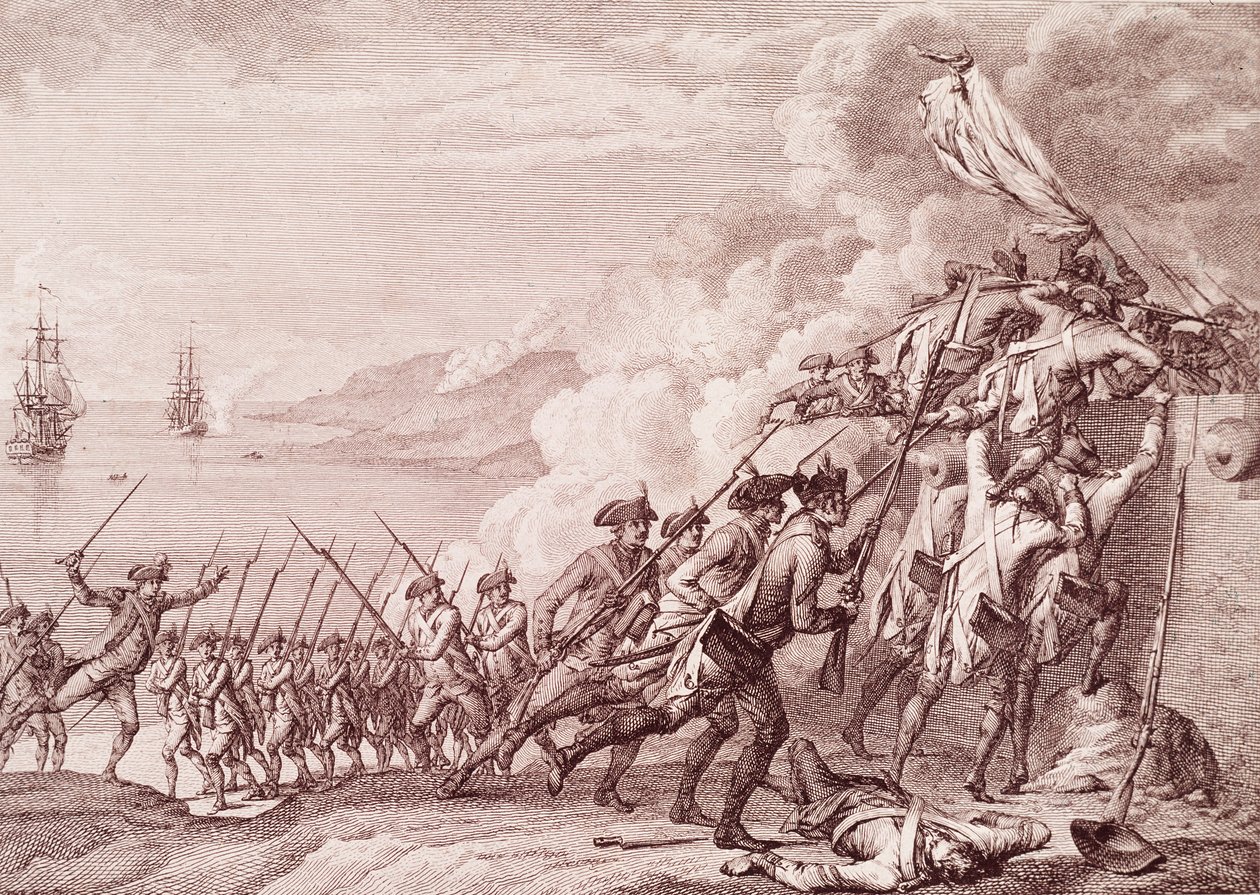 Americká revoluční válka: Invaze francouzské armády na Dominiku dne 7. září 1778 (rytina od Unknown artist