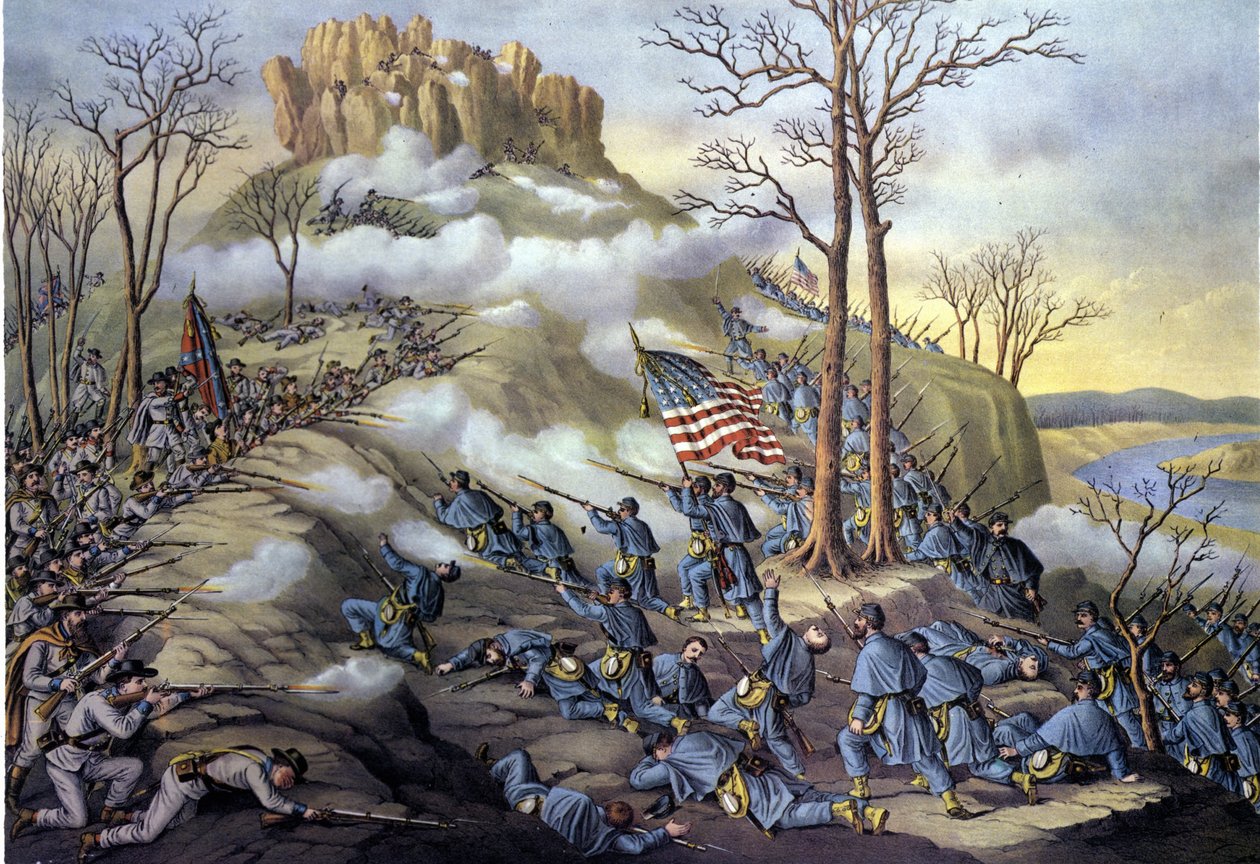 Americká secesní válka nebo občanská válka (1861 - 1865): 23. 11. 1863, bitva u Lookout Mountain v Tennessee, útok dnes známý jako bitva nad mraky kvůli mlze, která umožnila federálním jednotkám postupovat rychleji. Rytina 19. století. od Unknown artist