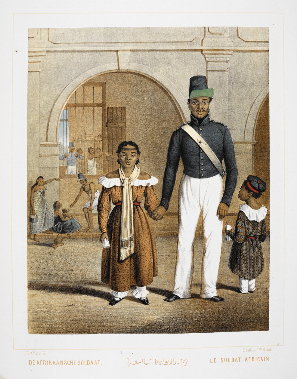 Africký voják s rodinou. Obyvatelé Indonésie. od Unknown artist