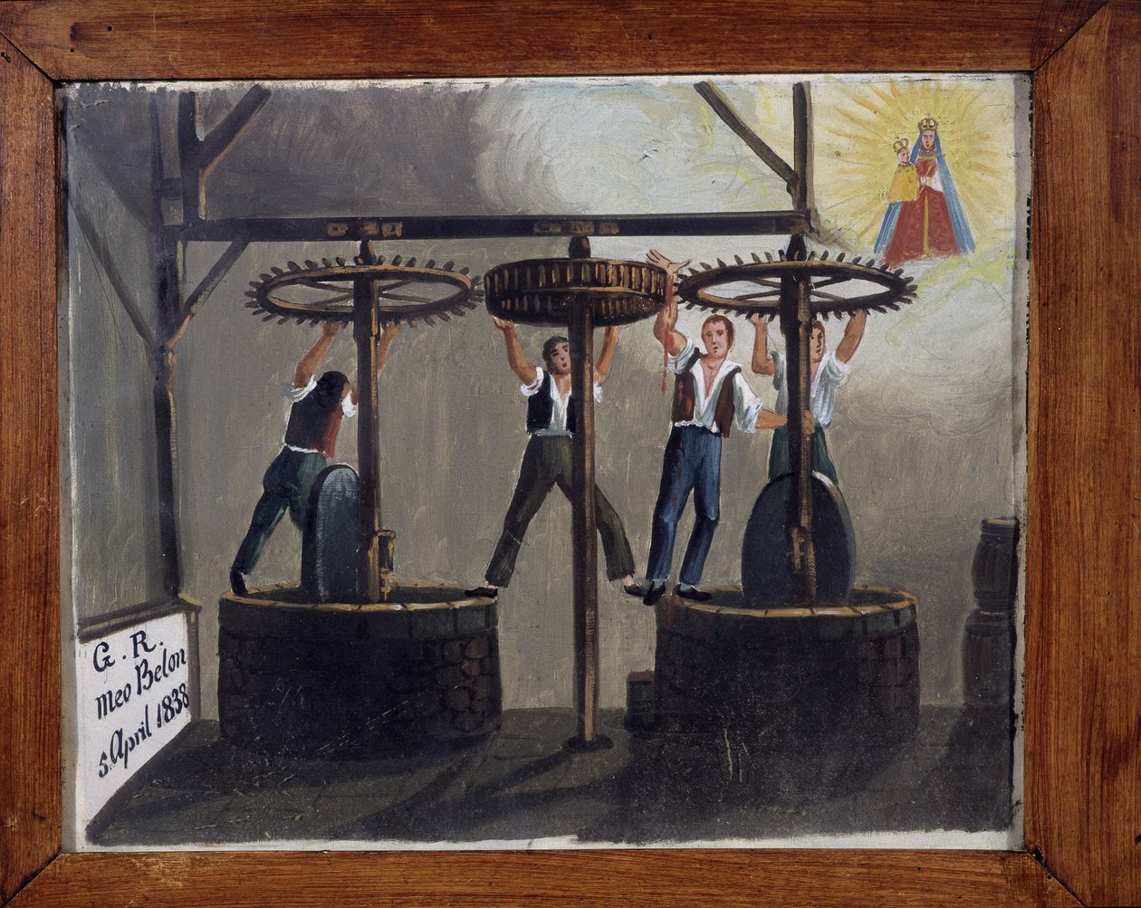 Nehoda v lisovně olivového oleje - ex-voto Notre Dame de Laghet od Unknown artist