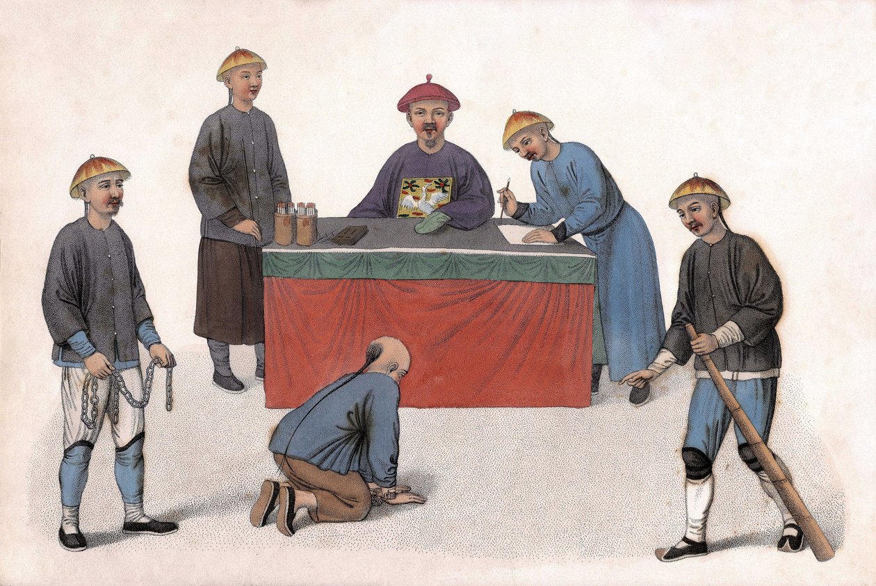 Obviněnému před soudcem pomáhali úředník, sekretářka a dozorci. v „Trestání Číňanů“, Londýn od Unknown artist