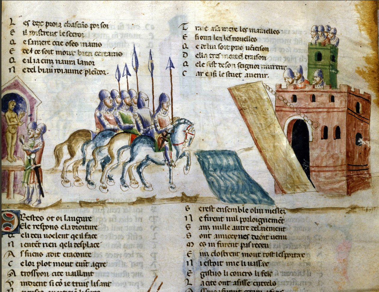K hradu se blíží armáda. Miniatura „Roman de Troy““ od Benoita de Sainte Maure. 14. století, Biblioteca Marciana, Benátky od Unknown artist