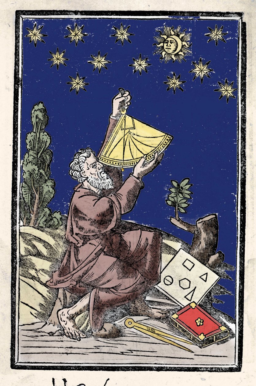 Astronom provádějící výpočty pomocí sextantu během zatmění. Rytina 16. století. od Unknown artist