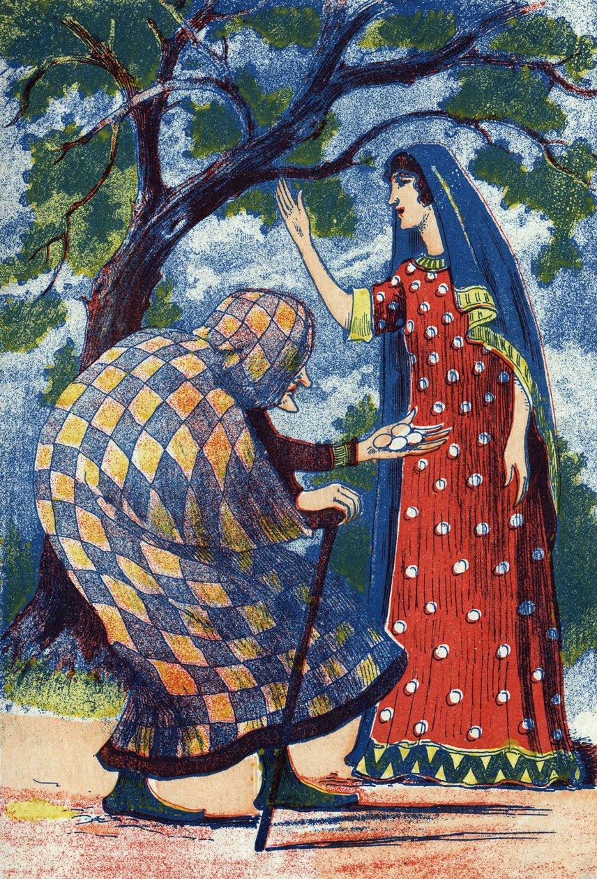 Stará dáma dává Florine čtyři vejce. Anonymní ilustrace k pohádce „L