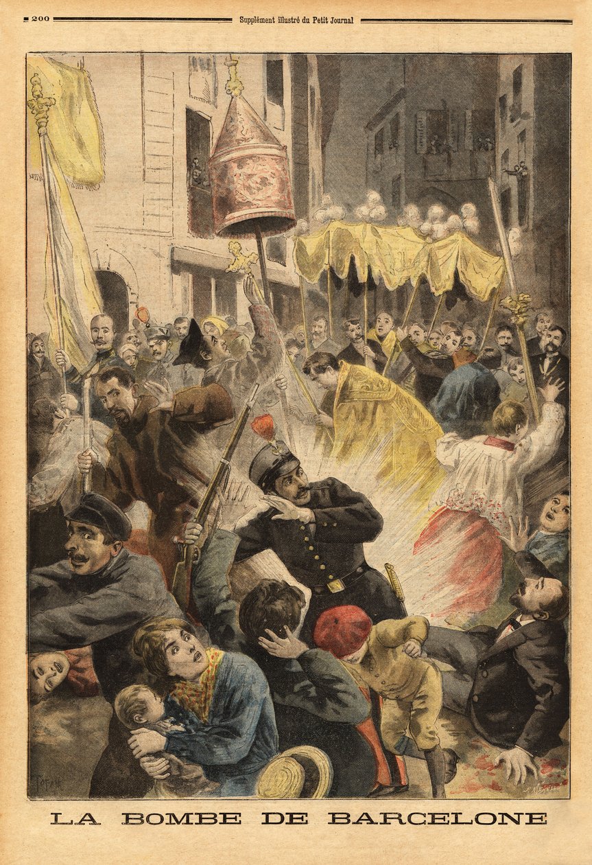 Anarchistický útok v Barceloně, výbuch bomby v průvodu opouštějícím kostel Santa Maria, ulice nuevos cambios. Rytina v "" Le petit journal "" 21/06/1896. Selva sbírka. od Unknown artist