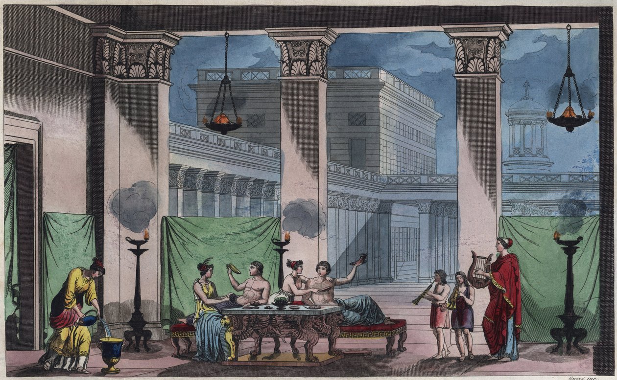 Starověké Řecko - Triklinium - rytina z „“ Zvyků a tradic všech národů ...