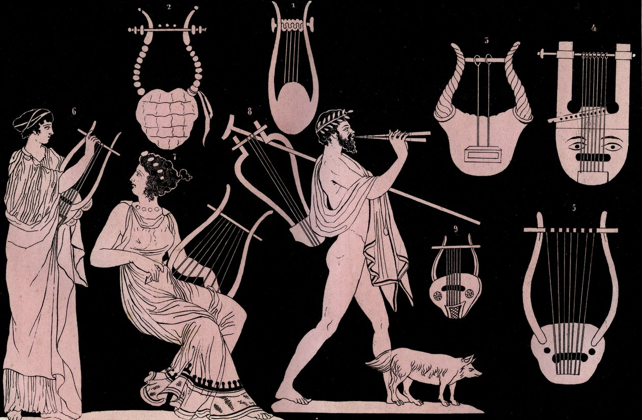 Starověký řecký hudební nástroj: Lyra a Cithara (cithare) (kithara) - rytina z „“ Zvyků a tradic všech národů vesmíru. To je historie vlády, zákonů, milicí, náboženství všech národů od nejvzdálenějších dob až po od Unknown artist