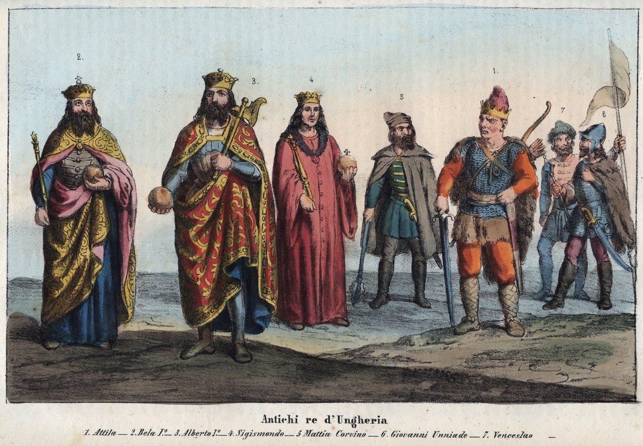 Starověký král Maďarska - Attila (asi 395-453) - Béla I. Šampion nebo Moudrý (Béla I. Arpád známý jako Béla bizon nebo Béla Šampion, cca 1015-1063) - Albert I. Německý (Albert I. Habsburský od Unknown artist
