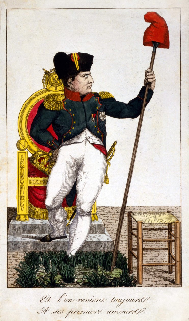 A vždy se vracíme k jeho první lásce, karikatuře o Napoleonovi I., který převzal moc v roce 1815 (epizoda sta dní). od Unknown artist