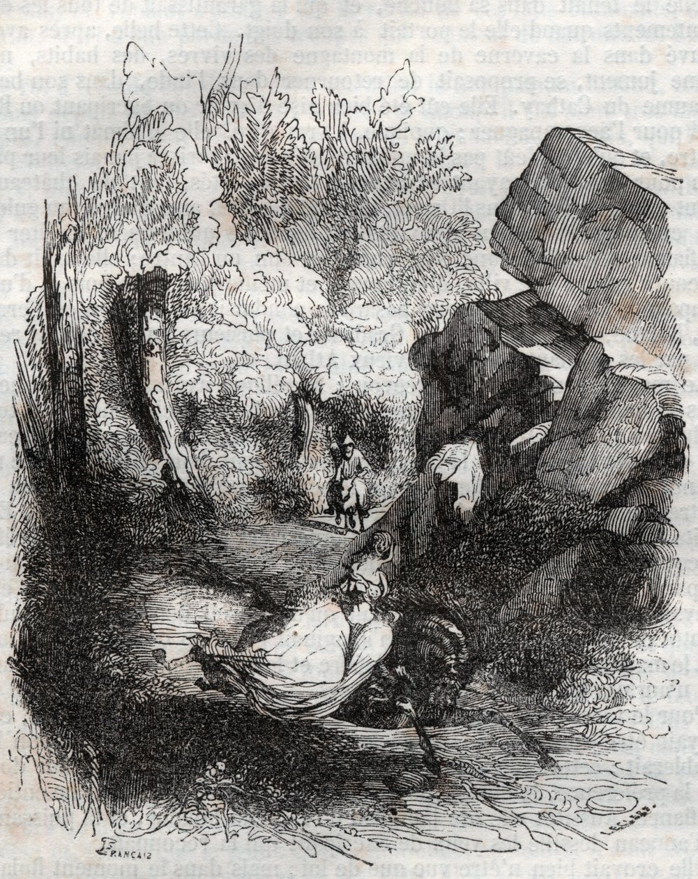 Angelique (Angelica) prchající před starým poustevníkem - rytina z roku 1851 z „“Zuřivého Rolanda““ (Orlando furioso) (16. století) od Ludovica Ariosta, známého jako Ariosta – vydání přeložené z italštiny hrabětem z Tressanu a vydané Gustavem Harvardem 1 od Unknown artist