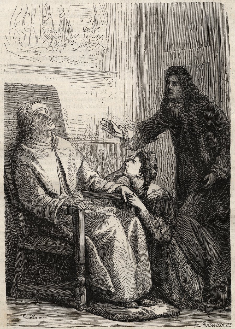 Angelique klečí ke svému otci, o kterém věří, že je mrtvý - rytina pro Jeana Baptista Poquelina dit Moliere (1622-1673) (Imaginární invalida) od Unknown artist