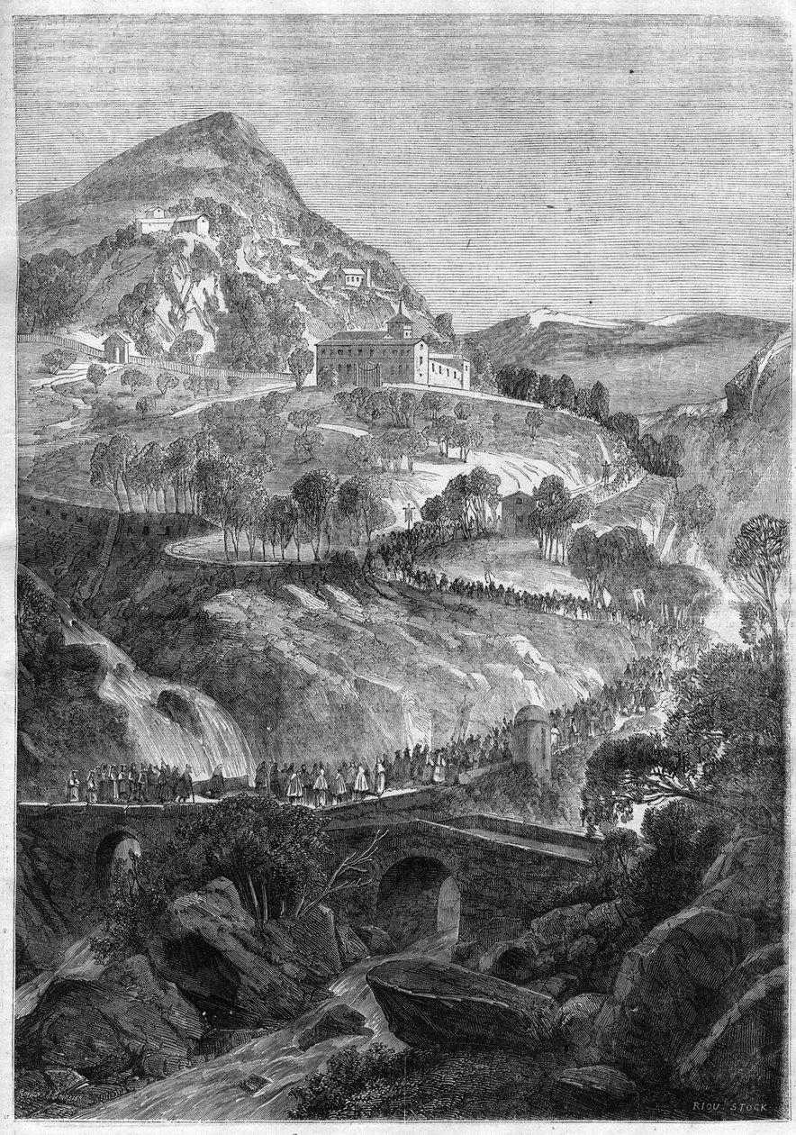 Výroční pouť 21. března v klášteře sv. Benedikta na hoře Cavo (Colli Albani) u Říma - rytina 1868 od Unknown artist