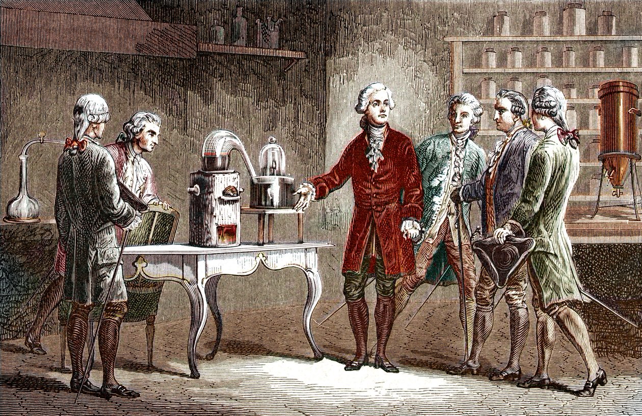 Antoine Laurent Lavoisier (1743-1894) provedl rozklad vzduchu v roce 1776 - Antoine Laurent Lavoisier, anglický chemik, ukázal kolegům svůj experiment, který odhalil složení vzduchu v roce 1776 - Rytina od Louise Figuiera od Unknown artist