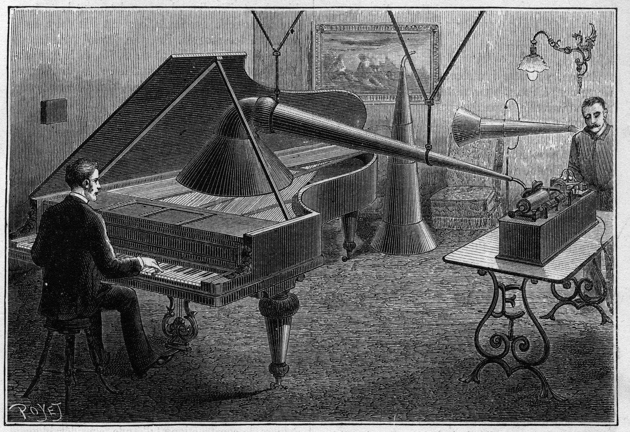Zařízení pro záznam klavírní skladby fonografem, vynález Thomase Alvy Edisona (1847-1931). Gravírování v "" přírodě. Vědecký časopis a jeho aplikace v umění a průmyslu. od Unknown artist