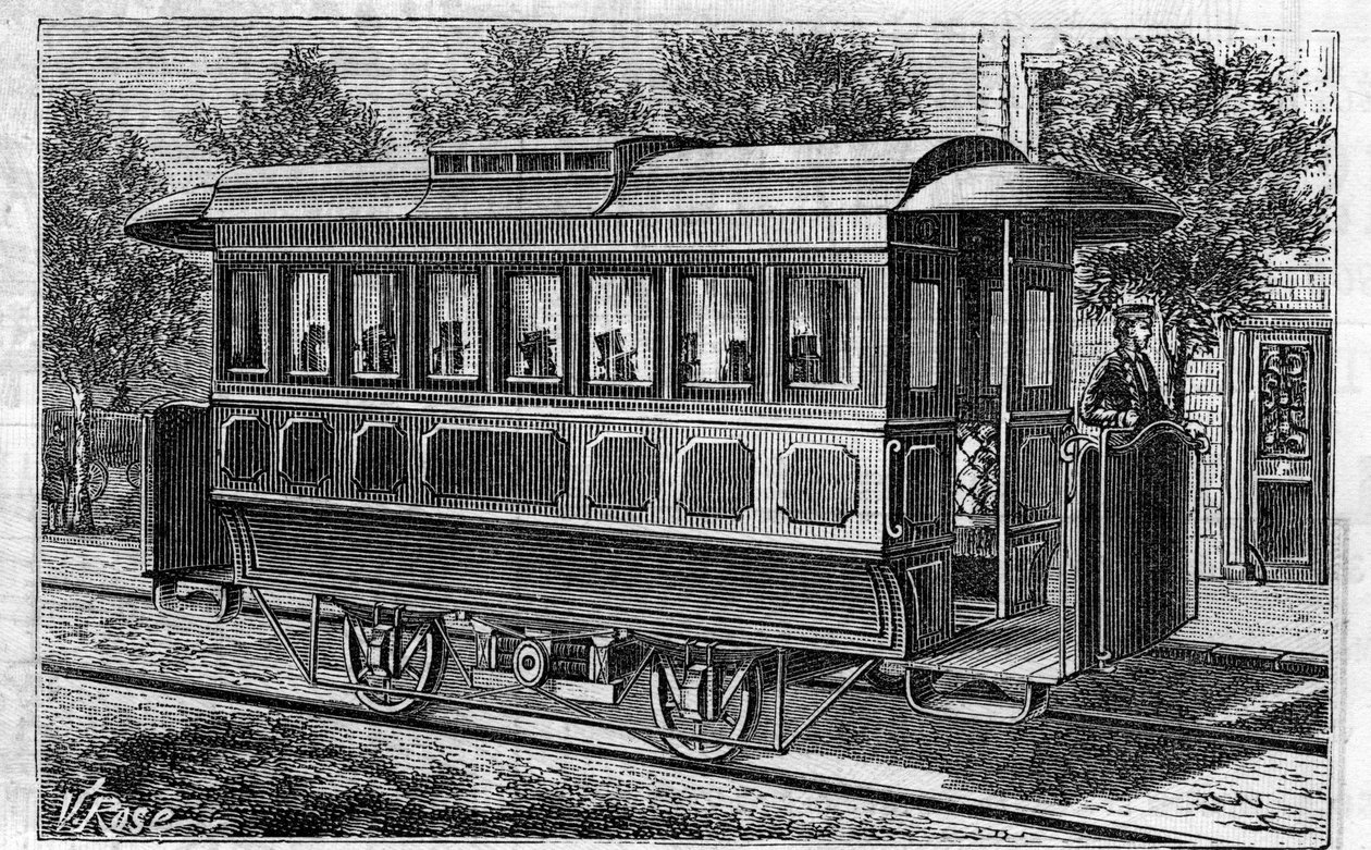 Použití baterií Faure: Elektrická tramvaj, model firmy Omnibus, poháněná bateriemi. Gravírování v „“Le Monde Illustré““ od Unknown artist