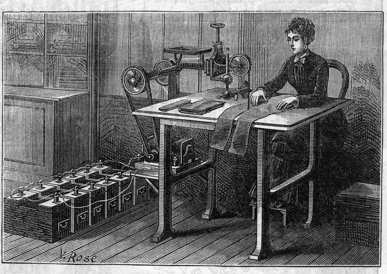 Použití baterií Faure: řezací stroj na tkaniny ovládaný akumulátorem. Gravírování v „“Le Monde Illustré““ od Unknown artist