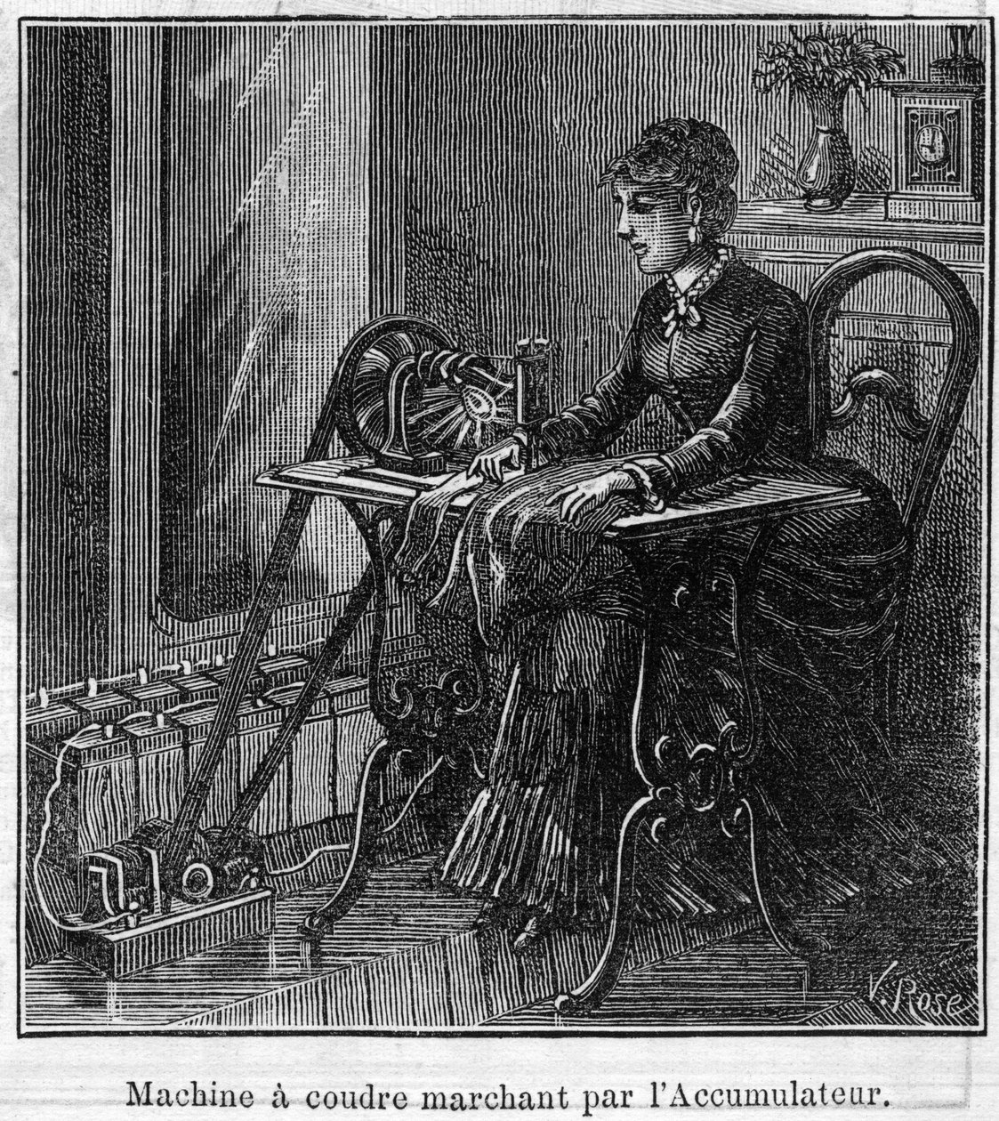 Použití baterií Faure: elektrický šicí stroj procházející akumulátorem. Gravírování v „“Le Monde Illustré““ od Unknown artist