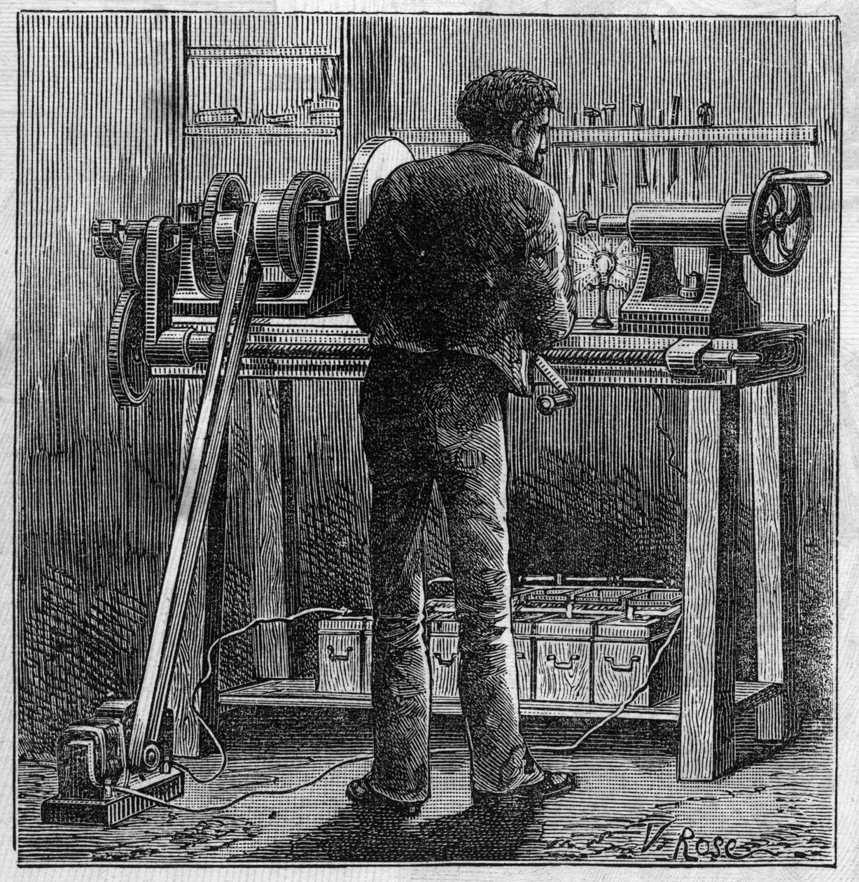 Použití baterií Faure: obrat řemeslníka napájeného z akumulátoru. Gravírování v „“Le Monde Illustré““ od Unknown artist